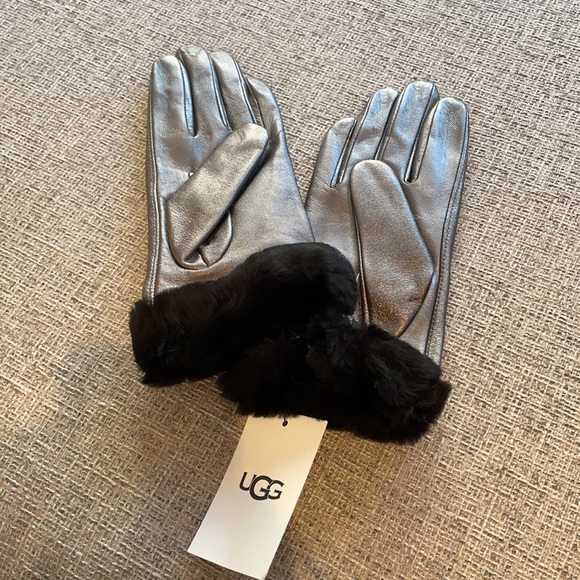 NWT UGG Silver Leather Gloves with Shearling Cuff - Picture 4 of 7